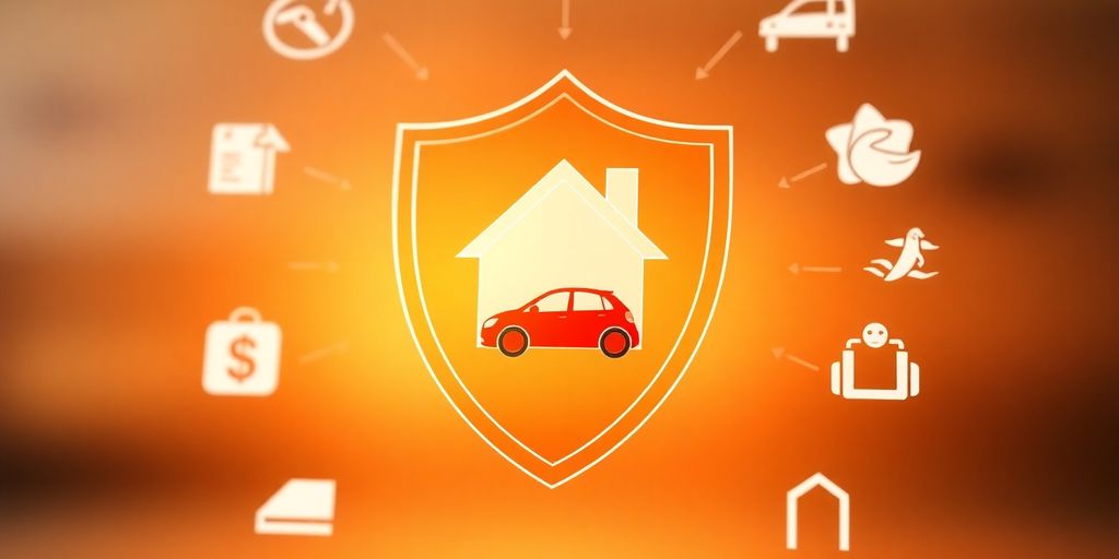 Shield protecting a house and car, illustrating insurance security.