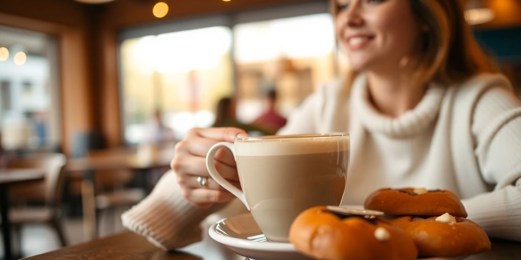 Person enjoying latte in cozy coffee shop setting.