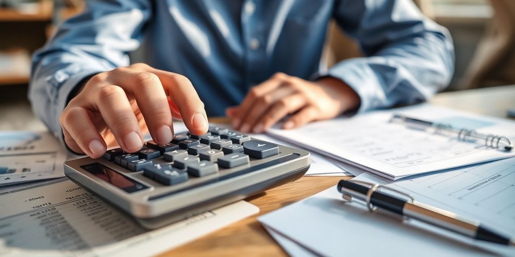 Person calculating expenses with documents on a desk.