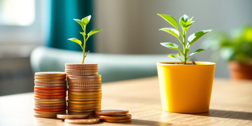 Coins and a potted plant on a wooden table.